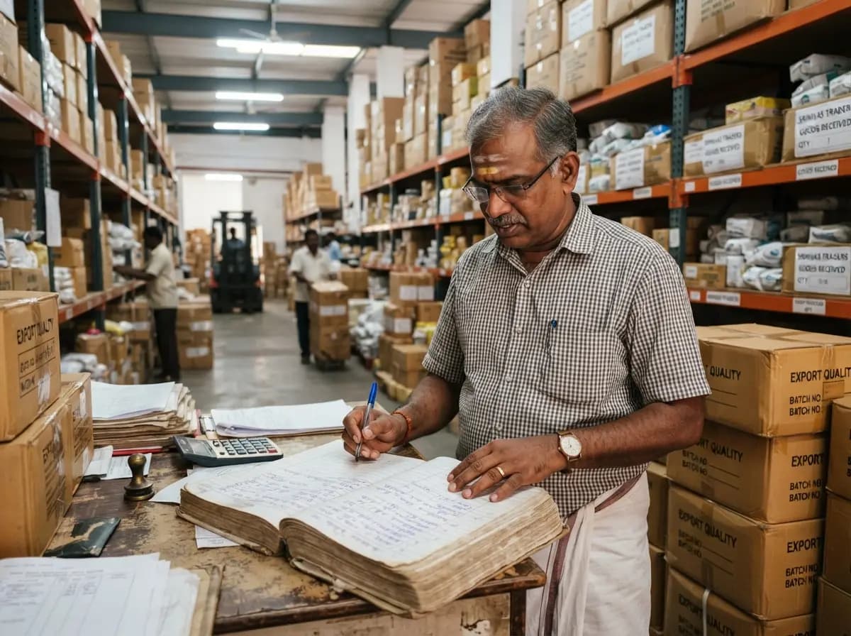 A distributor writing in a ledger among stacked cartons in a warehouse